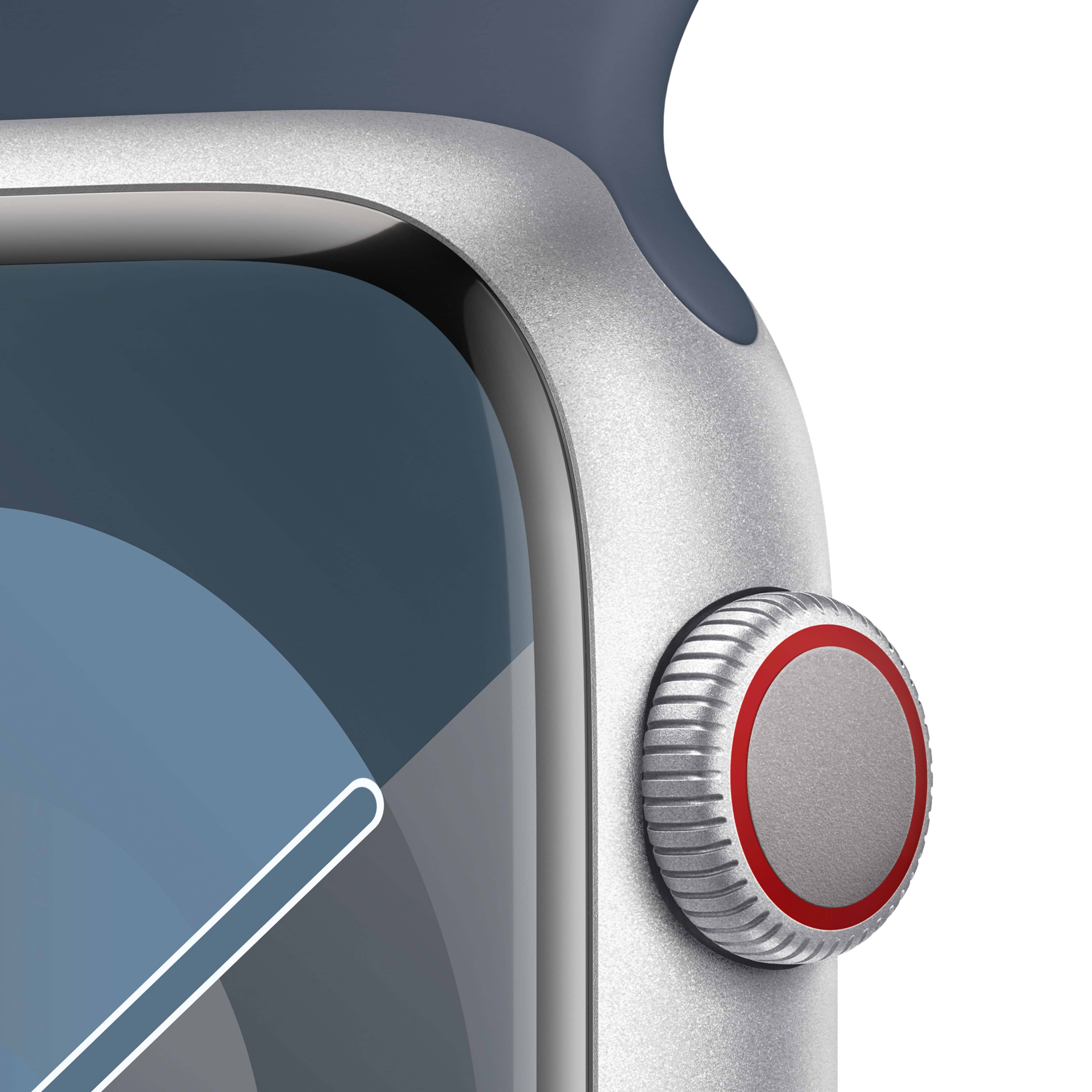 שעון חכם - Apple Watch Series 9 GPS + Cellular 45mm Silver Aluminium Case with Storm Blue Sport Band - M/L  - צבע כסוף שנה אחריות ע
