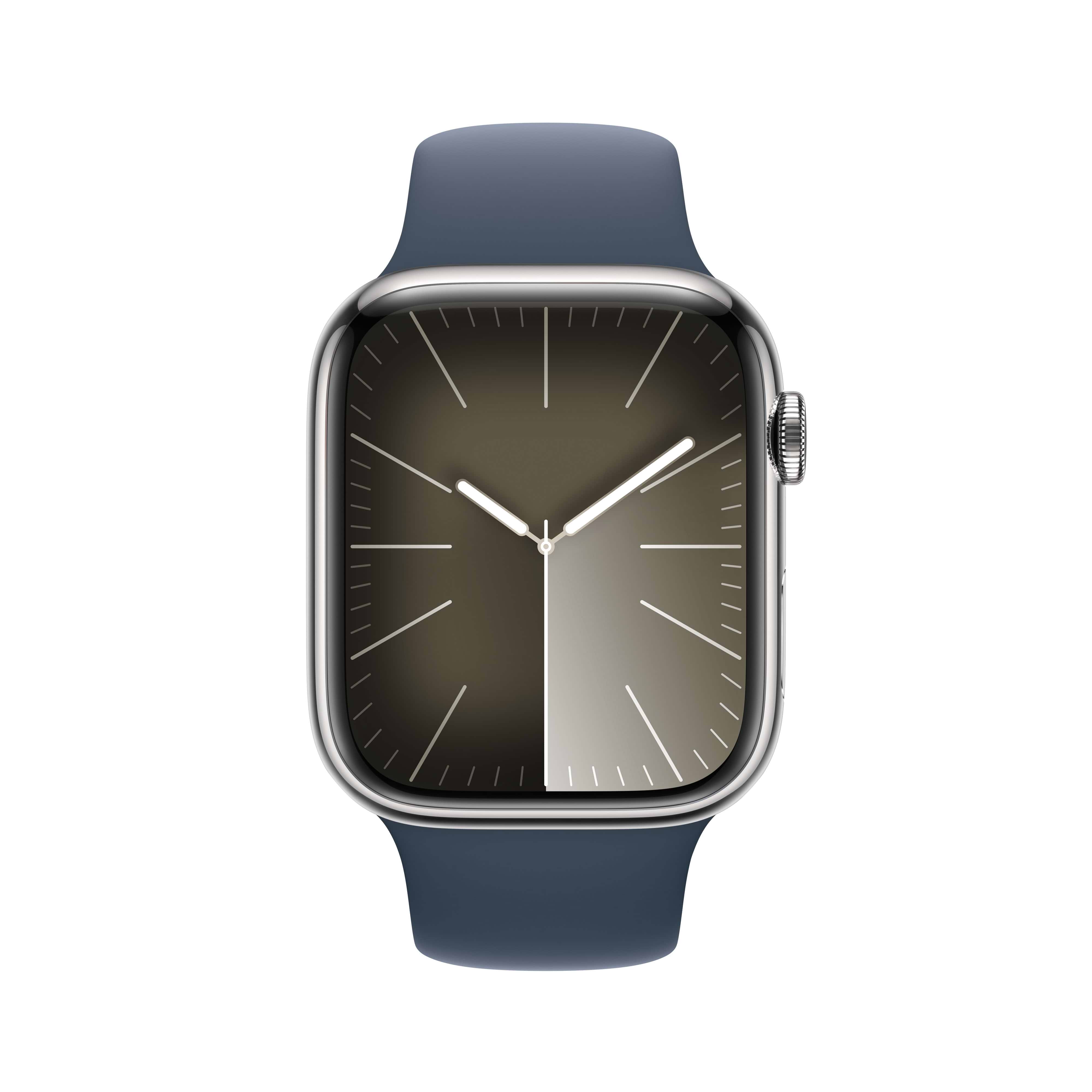 שעון חכם - Apple Watch Series 9 GPS + Cellular 45mm Silver Stainless Steel Case with Storm Blue Sport Band - S/M  - צבע כסוף שנה אחריות ע