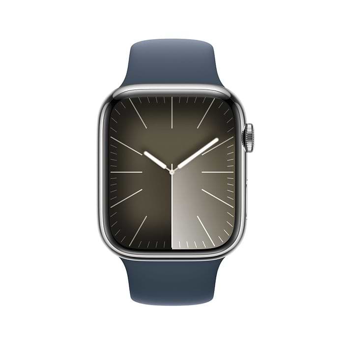 שעון חכם - Apple Watch Series 9 GPS + Cellular 45mm Silver Stainless Steel Case with Storm Blue Sport Band - S/M  - צבע כסוף שנה אחריות עי היבואן הרשמי