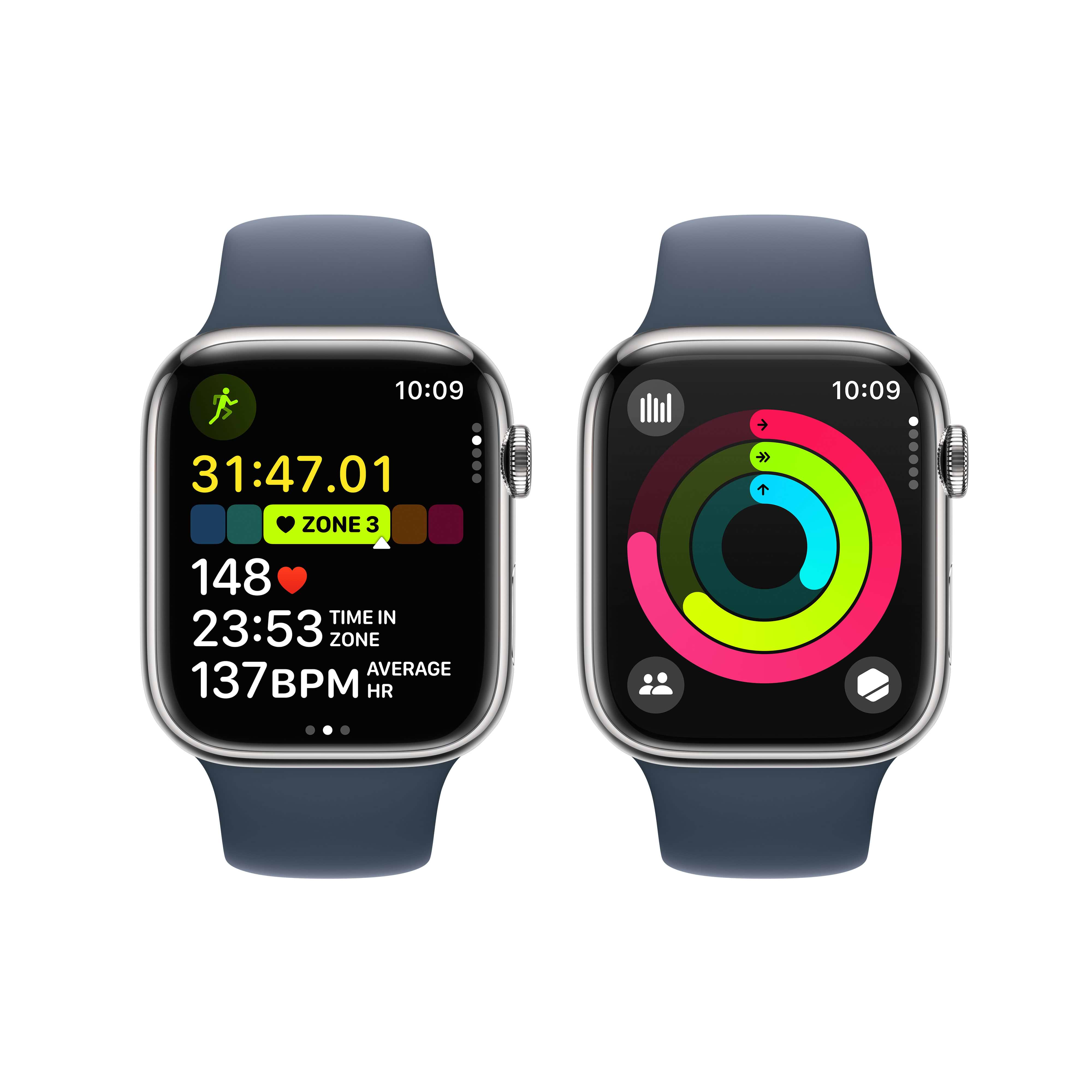 שעון חכם - Apple Watch Series 9 GPS + Cellular 45mm Silver Stainless Steel Case with Storm Blue Sport Band - S/M  - צבע כסוף שנה אחריות ע