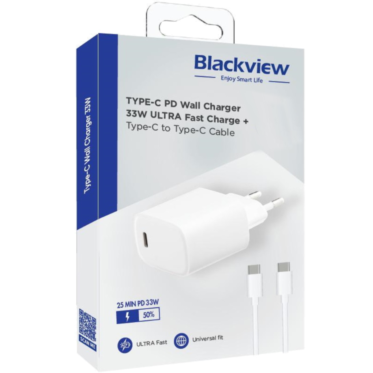 מטען קיר+כבל BlackView USB-C 33W PD - אורך 1 מ' צבע לבן שנה אחריות
