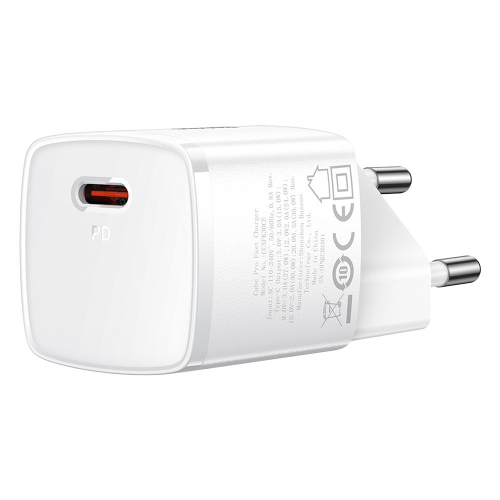 מטען Baseus Cube Pro Fast Charger USB-C 30W  - צבע לבן אחריות לשנה ע