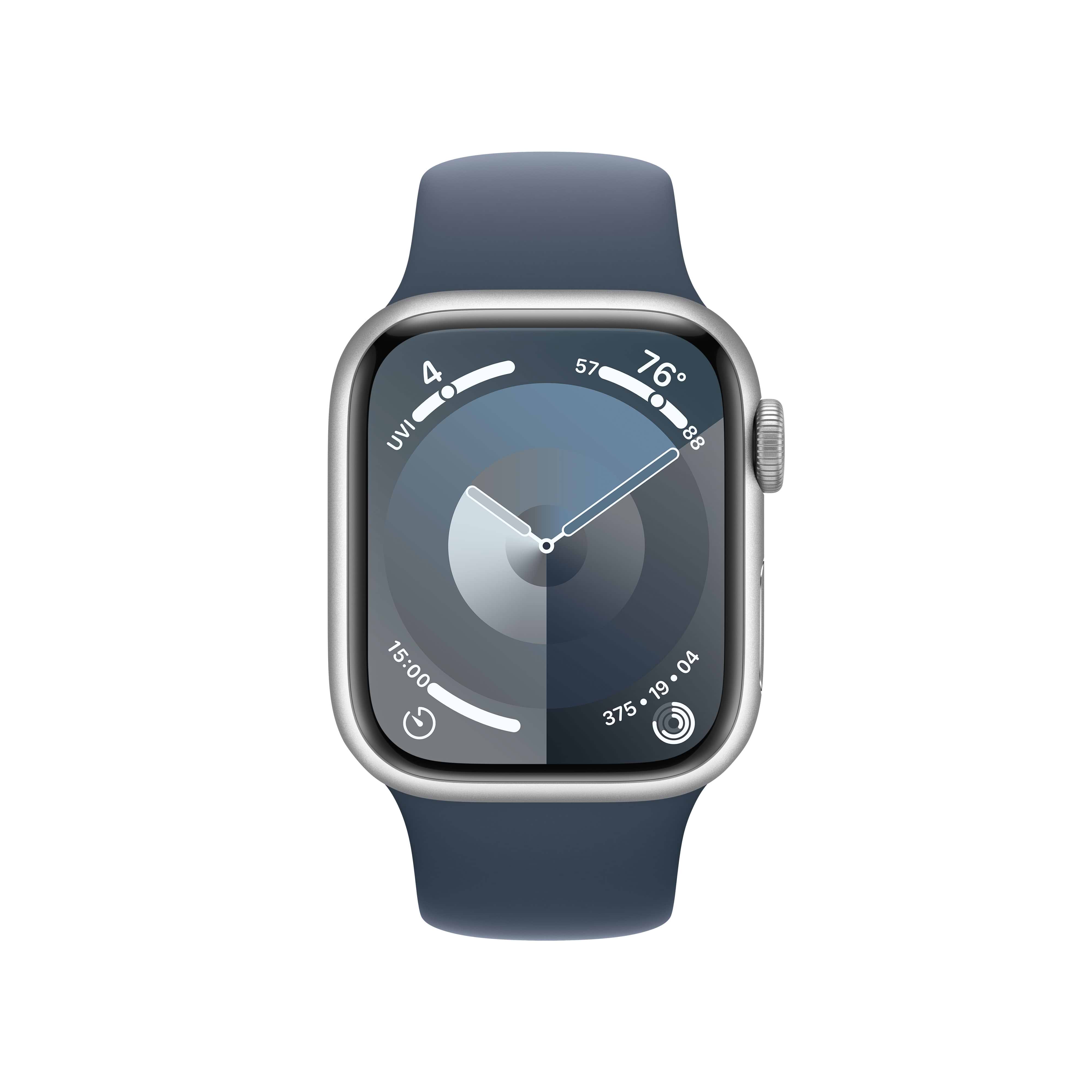 שעון חכם - Apple Watch Series 9 GPS + Cellular 41mm Silver Aluminium Case with Storm Blue Sport Band - S/M - צבע כסוף שנה אחריות ע