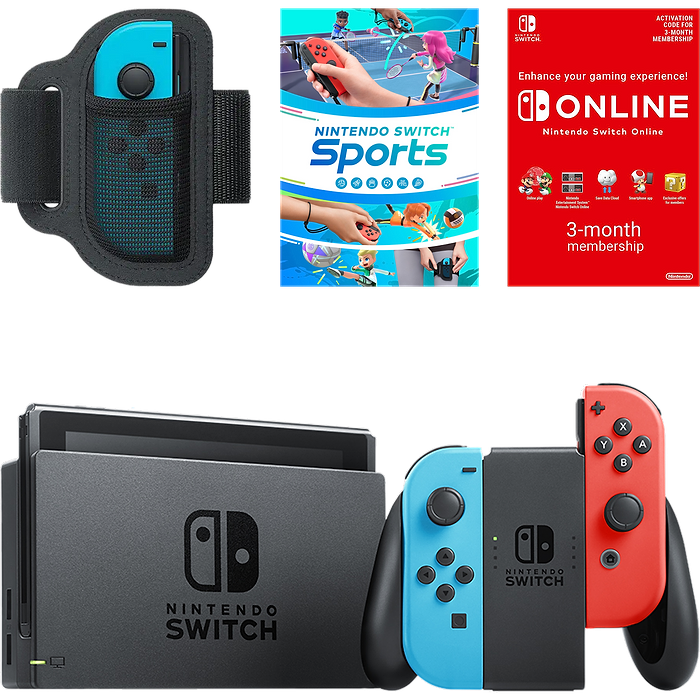 באנדל קונסולת משחק Nintendo Switch 32GB הכולל Nintendo Switch Sports, רצועת JoyCon לרגל ו-3 חודשי NSO - צבע כחול ואדום שנתיים אחריות עי היבואן הרשמי