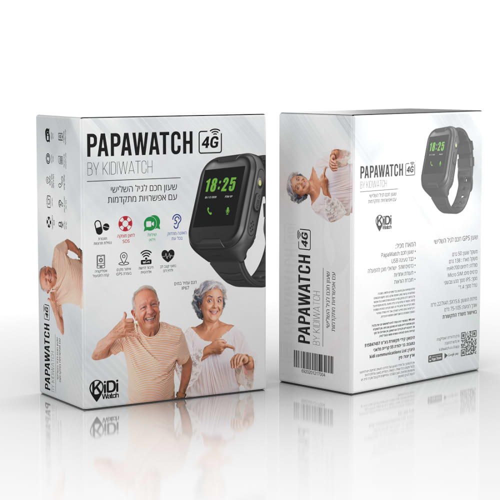 שעון חכם למבוגרים עם מודד דופק ולחץ דם Papawatch 4G - צבע שחור שנה אחריות ע