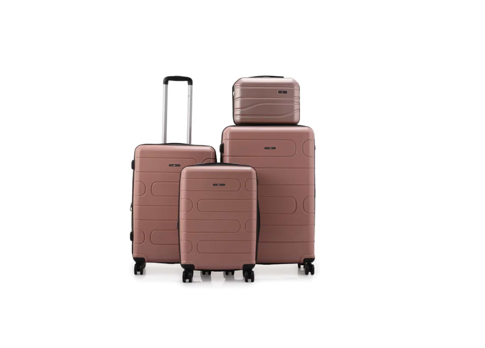סט מזוודות קשיחות בלתי שבירות 3 יחידות מידות |30|26|20 אינץ' דגם Wander צבע רוז גולד Swiss Voyager - תיק איפור במתנה