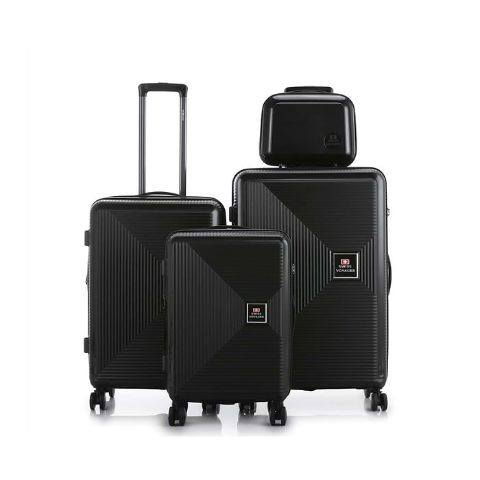 סט מזוודות קשיחות עמידות בשבר 3 יחידות מידות |30|26|20 אינץ' דגם Boston צבע שחור Swiss Voyager - תיק איפור מתנה