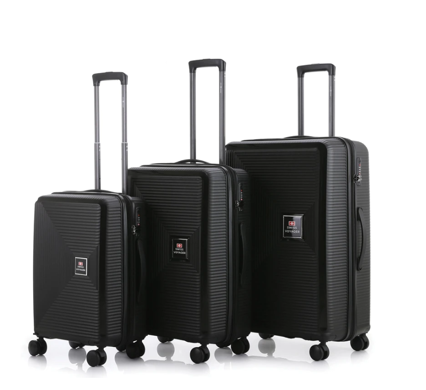 סט מזוודות קשיחות עמידות בשבר 3 יחידות מידות |30|26|20 אינץ' דגם Boston צבע שחור Swiss Voyager - תיק איפור מתנה