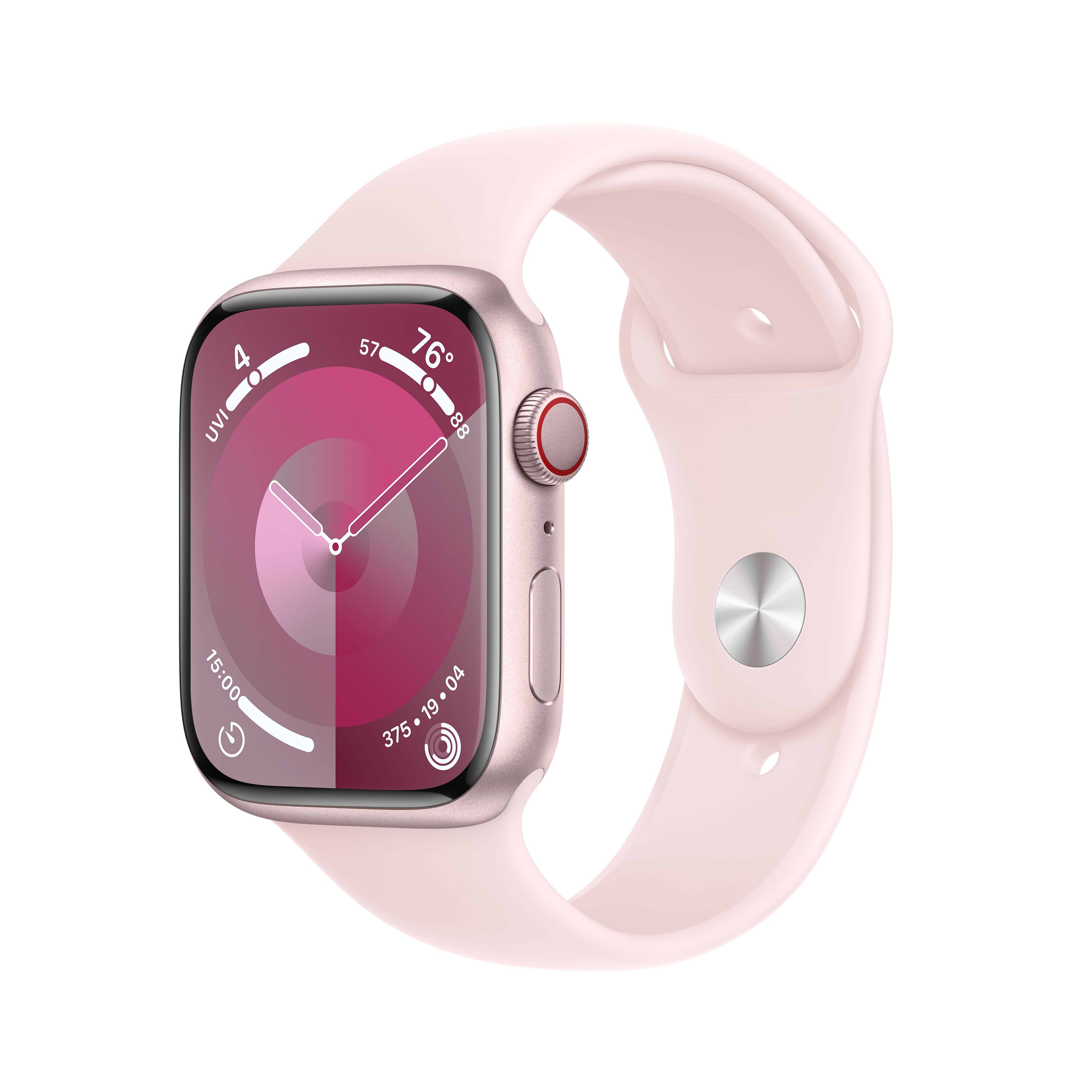שעון חכם - Apple Watch Series 9 GPS + Cellular 45mm Pink Aluminium Case with Light Pink Sport Band - M/L  - צבע ורוד שנה אחריות ע