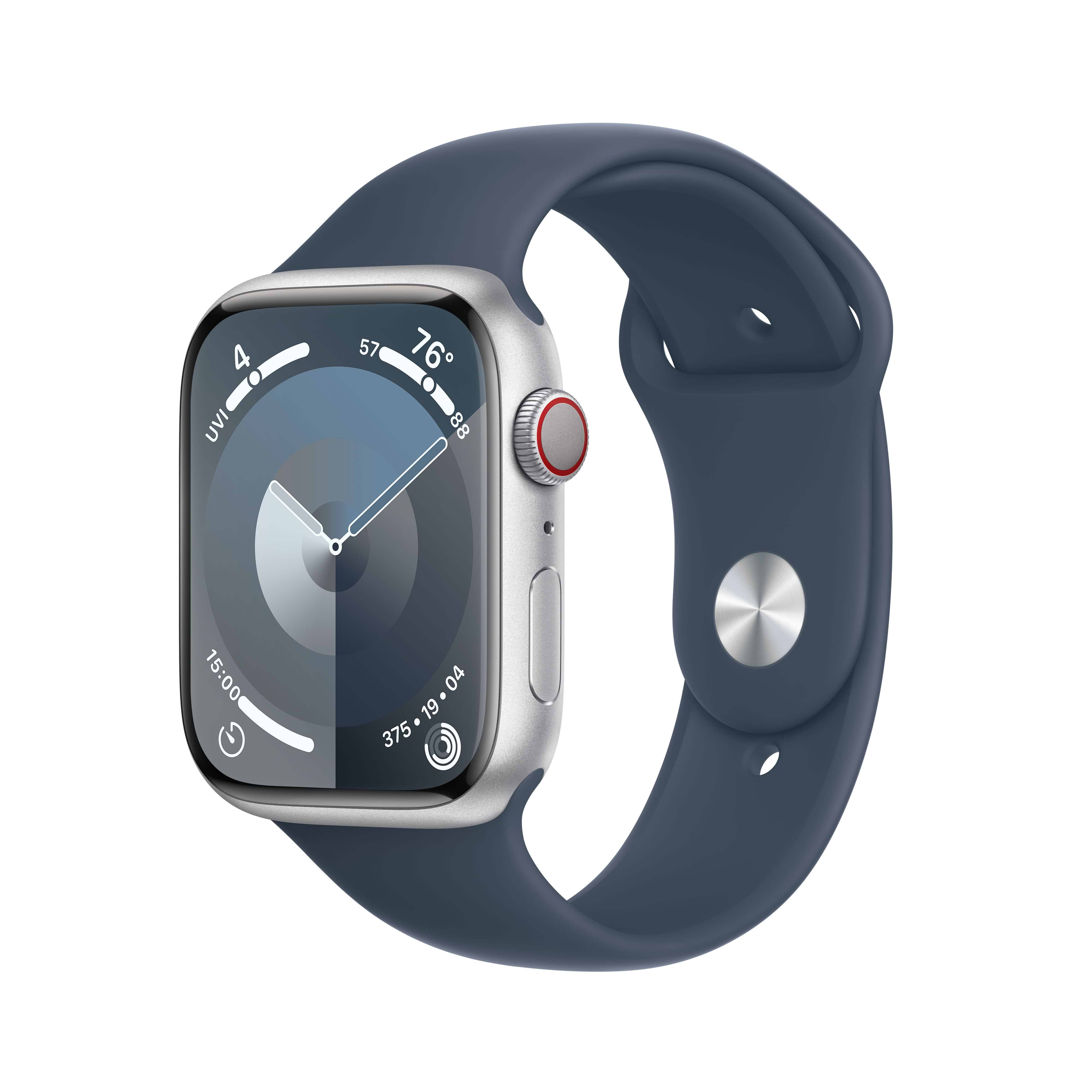 שעון חכם - Apple Watch Series 9 GPS + Cellular 45mm Silver Aluminium Case with Storm Blue Sport Band - S/M - צבע כסוף שנה אחריות ע