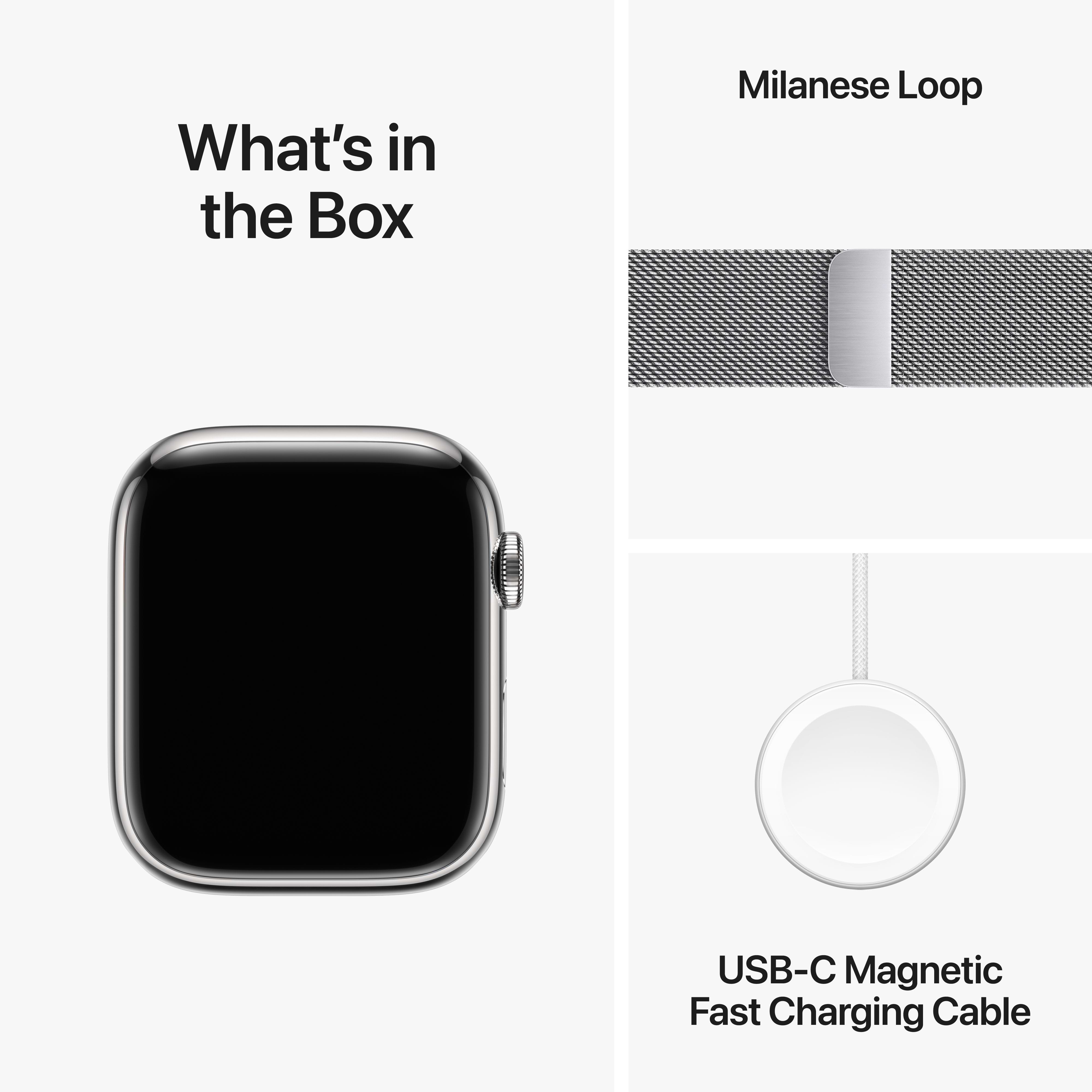 שעון חכם - Apple Watch Series 9 GPS + Cellular 45mm Silver Stainless Steel Case with Silver Milanese Loop  - צבע כסוף שנה אחריות ע