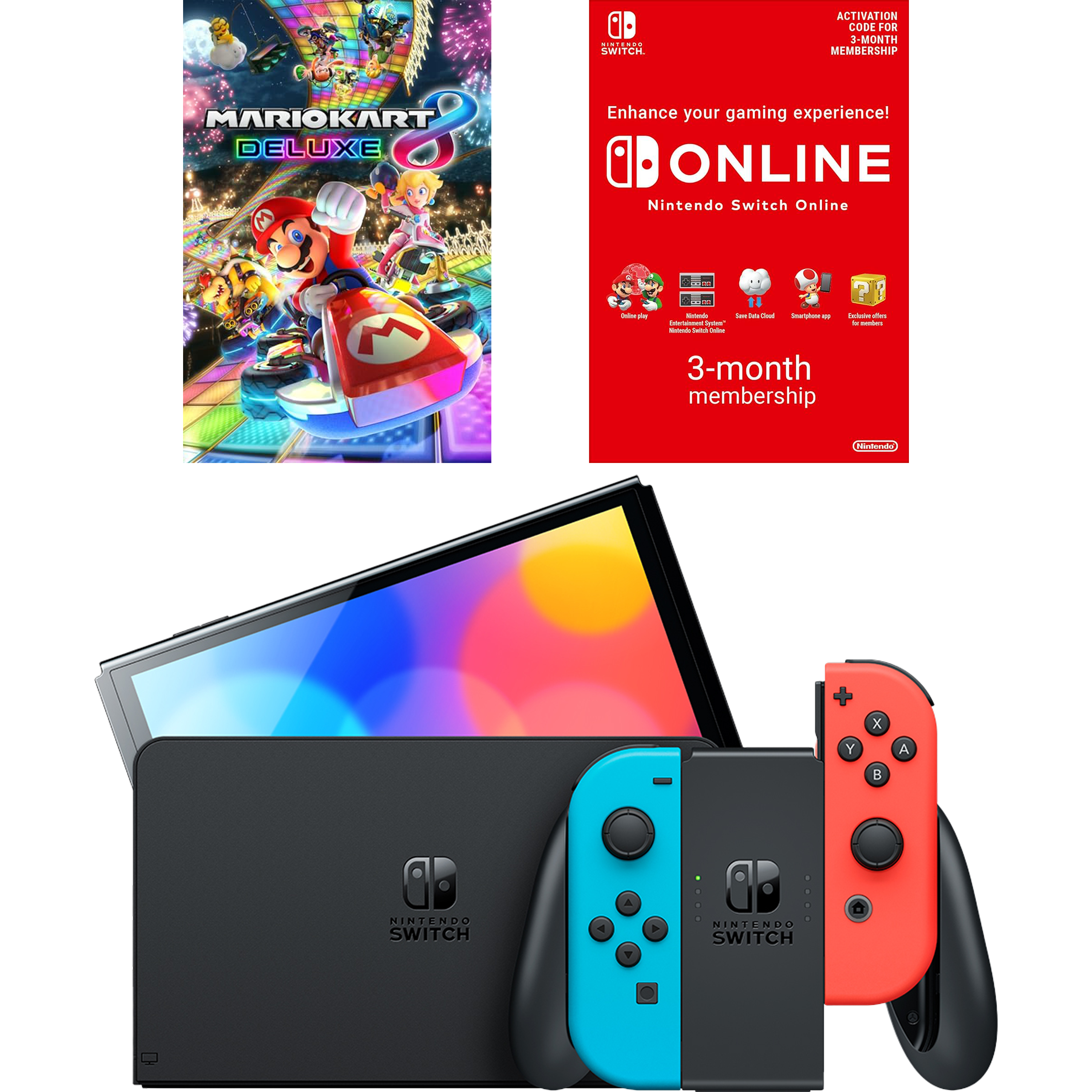 באנדל קונסולת Nintendo Switch OLED הכולל משחק Mario Kart 8 Deluxe ומנוי Nintendo Switch Online ל-3 חודשים - צבע כחול ואדום שנתיים אחריות ע