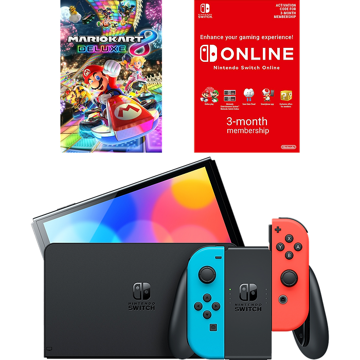 באנדל קונסולת Nintendo Switch OLED הכולל משחק Mario Kart 8 Deluxe ומנוי Nintendo Switch Online ל-3 חודשים - צבע כחול ואדום שנתיים אחריות עי היבואן הרשמי