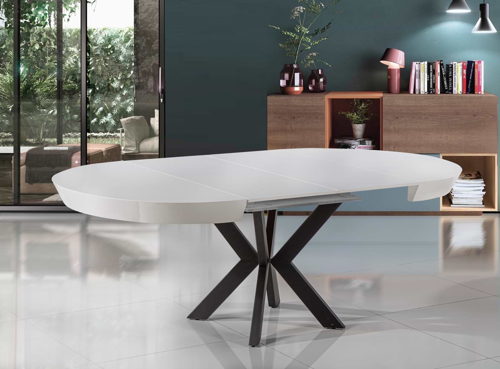 שולחן פינת אוכל גורמה לבן מבריק קוטר 1.4 מטר רגלי ברזל שחור LEONARDO