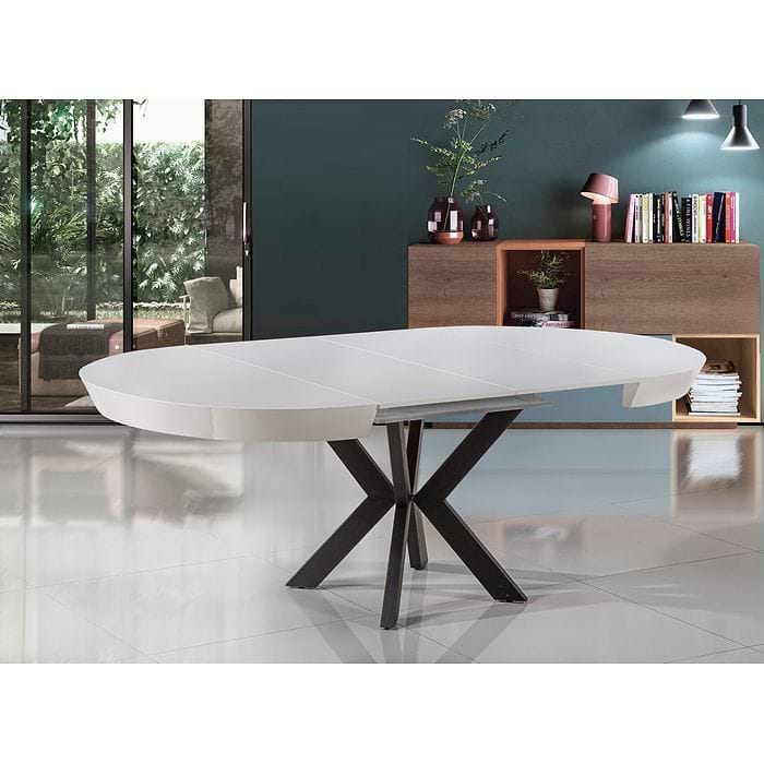 שולחן פינת אוכל גורמה לבן מבריק קוטר 1.4 מטר רגלי ברזל שחור   LEONARDO לאונרדו.
