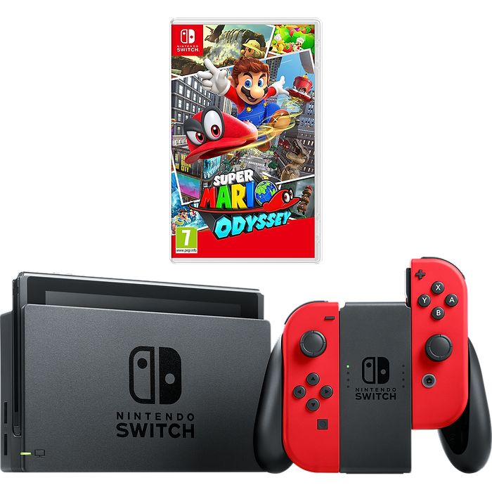 באנדל קונסולה Nintendo Switch V1.1 32GB כולל משחק Super Mario Odyssey - צבע שחור שנתיים אחריות עי היבואן הרשמי