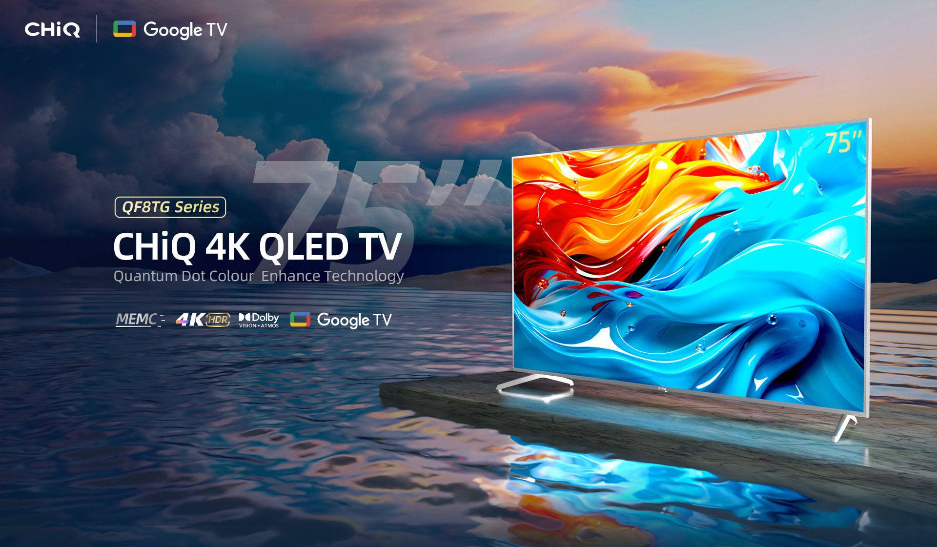 טלוויזיה חכמה CHiQ 75" U75QF8TG QLED Google TV 4K UHD HDR10 - שנתיים אחריות ע"י אלקטרה היבואן הרשמי