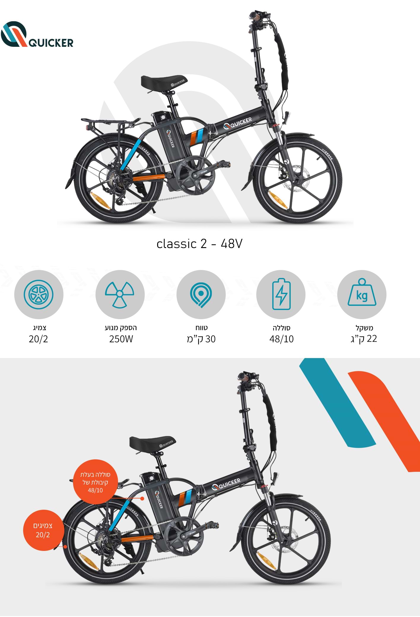 אופניים חשמליים "Quicker Classic 20/2 עם סוללה 48V/10A