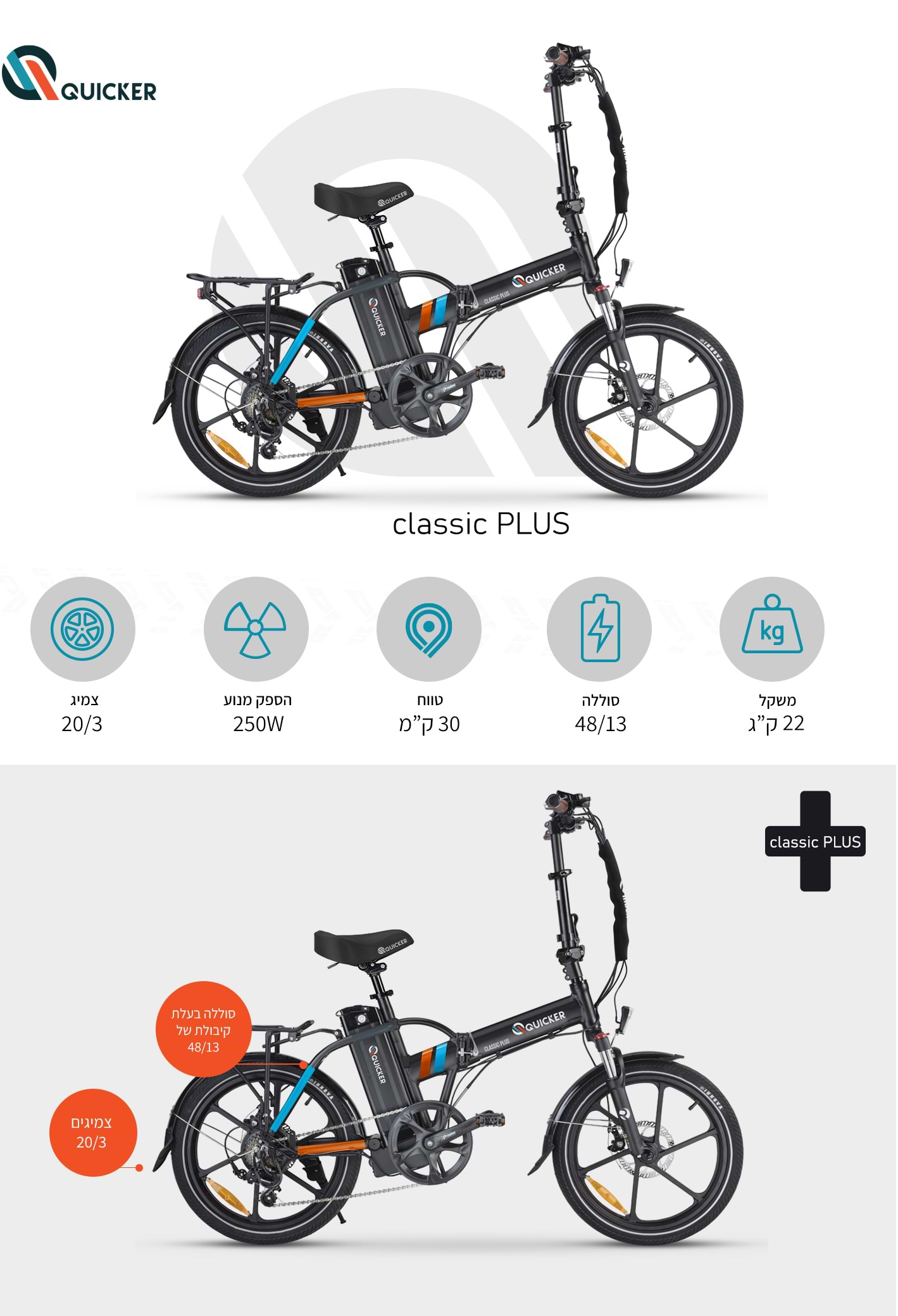 אופניים חשמליים מתקפלים "Quicker Classic Plus 20/3 עם סוללה 48V/13A - צבע שחור שנה אחריות ע"י היבואן הרשמי