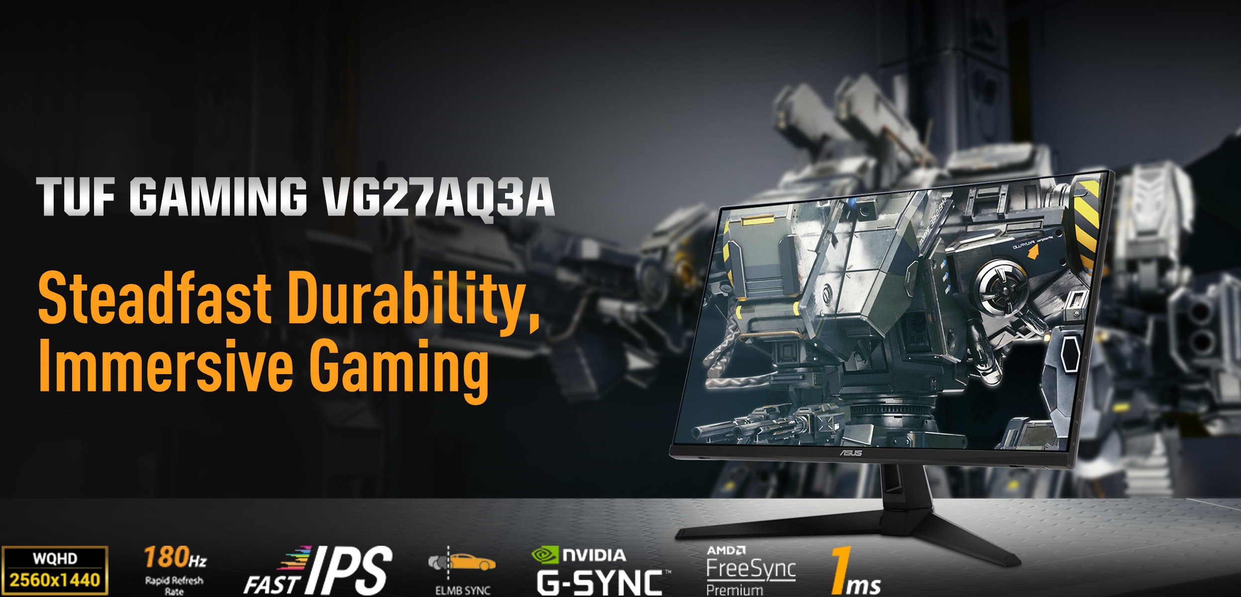מסך מחשב גיימינג 27'' Asus TUF Gaming VG27AQ3A G-Sync IPS WQHD 1ms 180Hz - צבע שחור שלוש שנות אחריות ע"י היבואן הרשמי