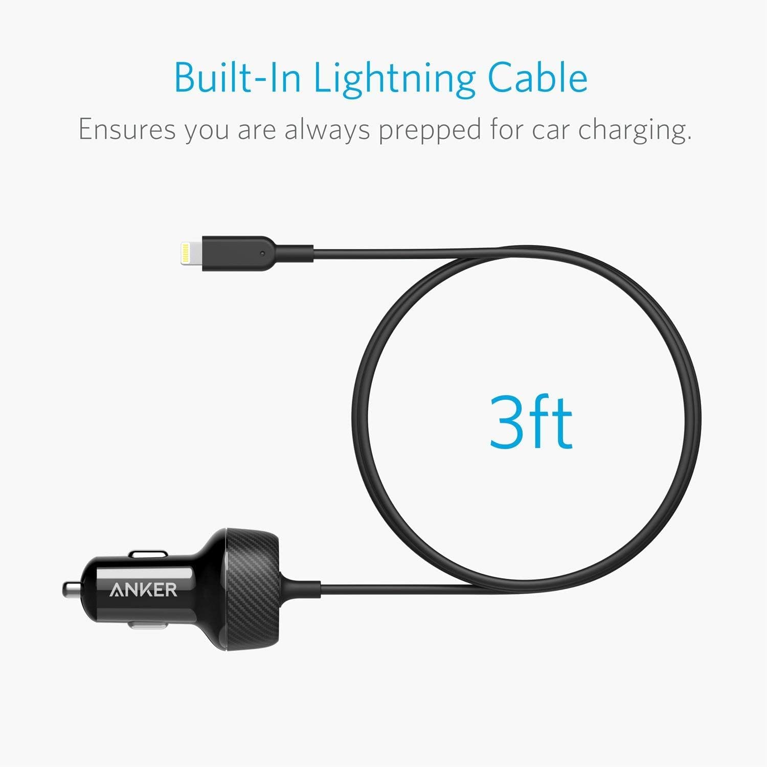 מטען רכב וכבל לאייפון 0.9 מטר Anker Elite USB Port+Lightning Cable 24W - אחריות לשנה ע"י יבואן רשמי