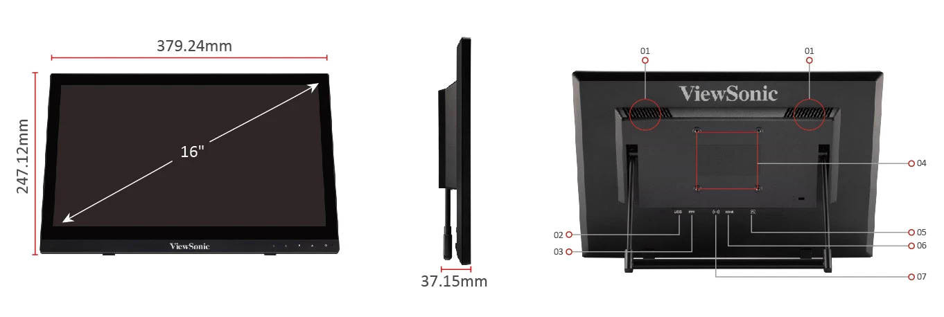 מסך מחשב נייד 16"ViewSonic TD160-3 HD TN - צבע שחור שלוש שנות אחריות ע"י יבואן רישמי