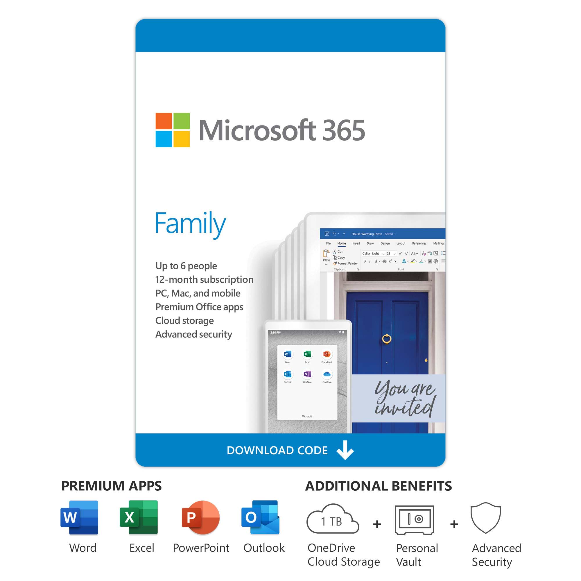Microsoft Office 365 Family קוד דיגיטלי/ללא דיסק התקנה מנוי ל-12 חודשים 