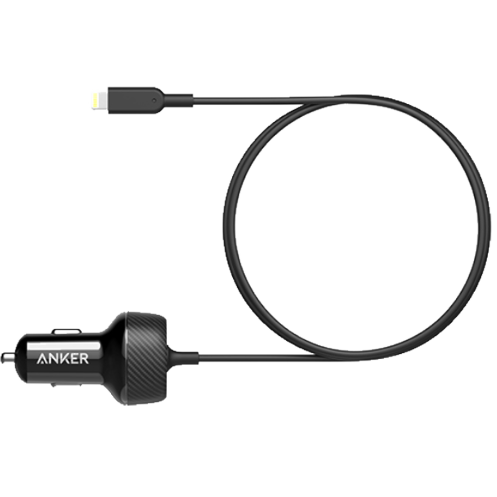 מטען רכב וכבל לאייפון Anker Elite USB Port+Lightning Cable 24W - צבע שחור שנה אחריות ע