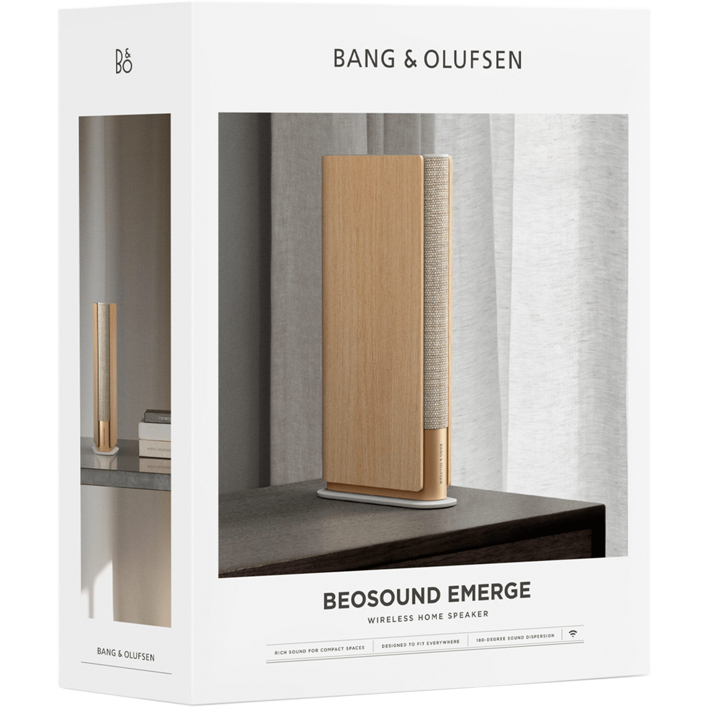 רמקול אלחוטי ביתי חכם Bang & Olufsen Beosound Emerge Wi-Fi - צבע זהב ואלון בהיר שלוש שנות אחריות ע
