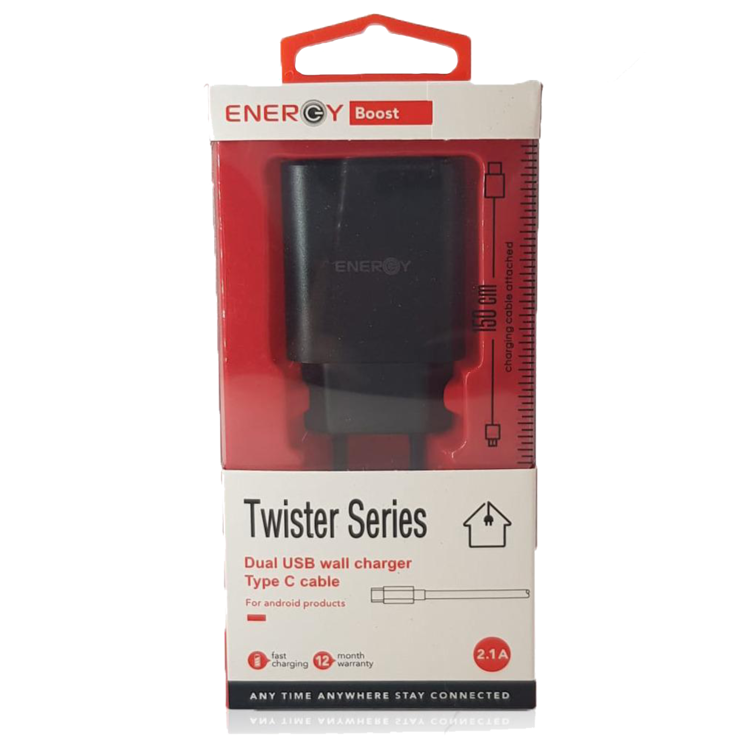  מטען קיר  וכבל טעינה 1.5 מטר  Energy Twister USB Type-C 2.1A - צבע שחור אחריות ע