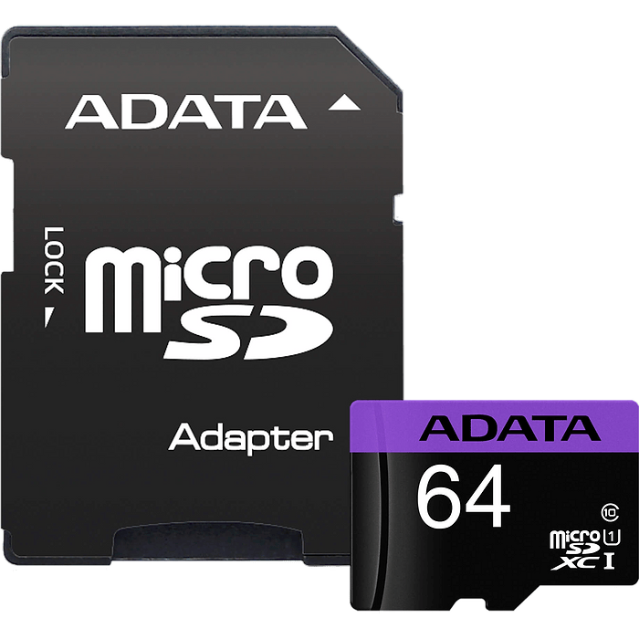 כרטיס זיכרון עם מתאם ADATA Premier microSDHC/SDXC UHS-I Class10 64GB - צבע שחור חמש שנות אחריות עי היבואן הרשמי