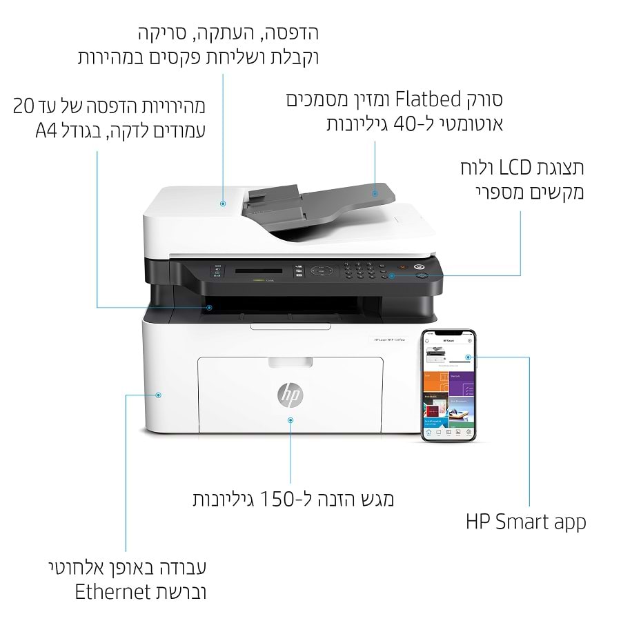 מדפסת לייזר אלחוטית משולבת HP Laser MFP 137fnw - צבע לבן שנה אחריות ע"י יבואן הרשמי