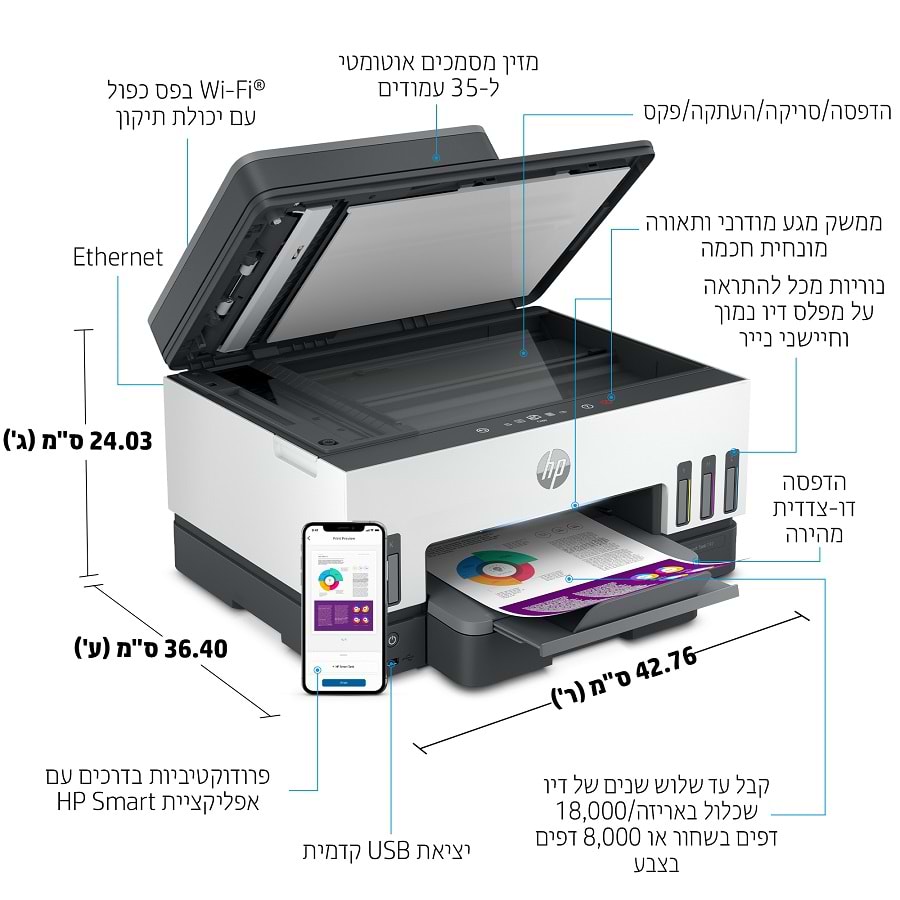 מדפסת משולבת אלחוטית HP Smart Tank 790 AIO - צבע לבן ושחור שלוש שנות אחריות ע"י יבואן הרשמי