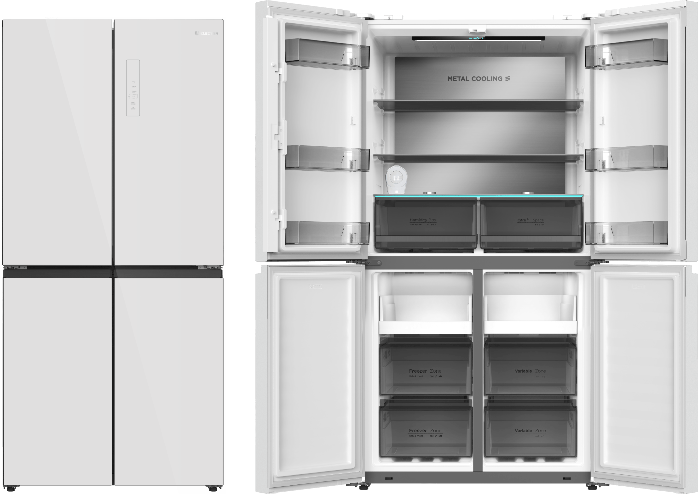 מקרר 4 דלתות 601 ליטר נטו Electra EL6610GW עם מפסק שבת - גימור זכוכית לבנה אחריות ע"י היבואן הרשמי