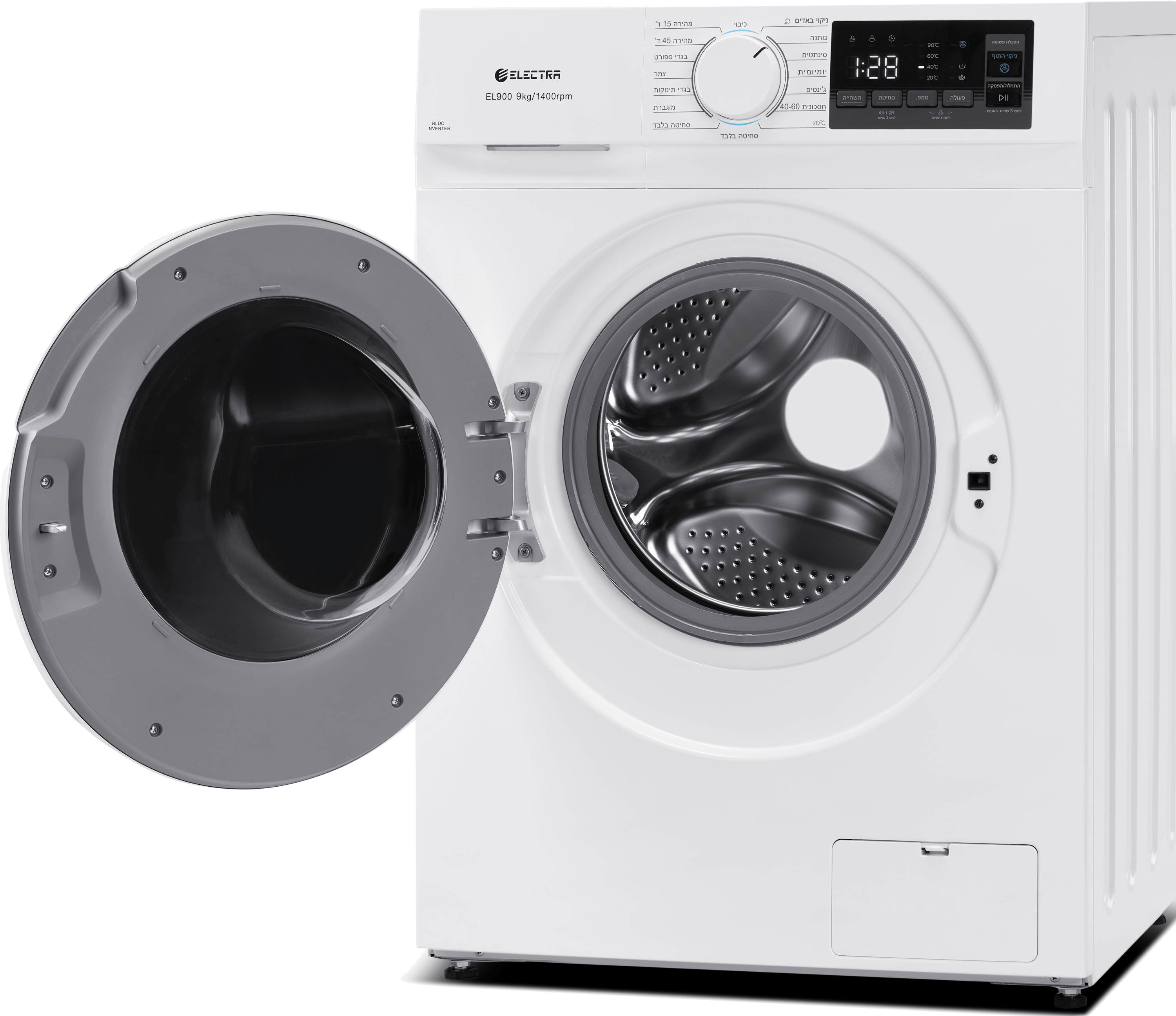 מכונת כביסה פתח חזית 9 ק"ג Electra EL900 עם מנוע Inverter במהירות 1400 סל"ד - צבע לבן אחריות ע"י היבואן הרשמי