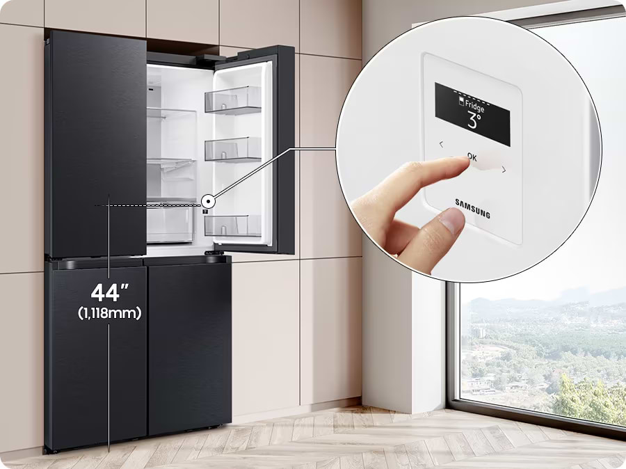 מקרר 4 דלתות מקפיא תחתון 678 ליטר Samsung RF72DG9620B1 עם קיוסק + התקן שבת מובנה - גימור שחור מוברש אחריות ע