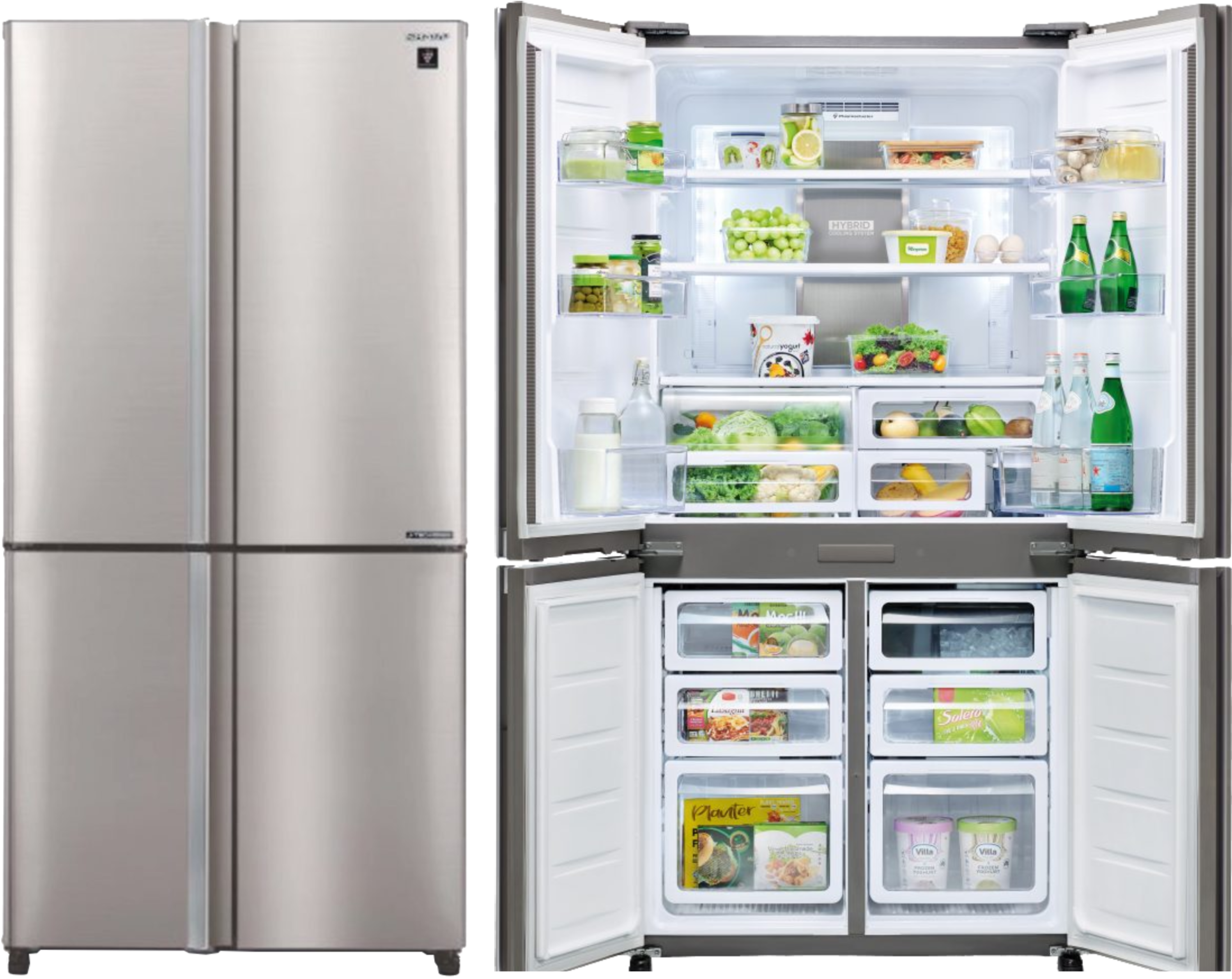 מקרר 4 דלתות מקפיא תחתון 611 ליטר נטו Sharp SJ-9270-IN עם התקן שבת מובנה - גימור נירוסטה אחריות ע"י היבואן הרשמי