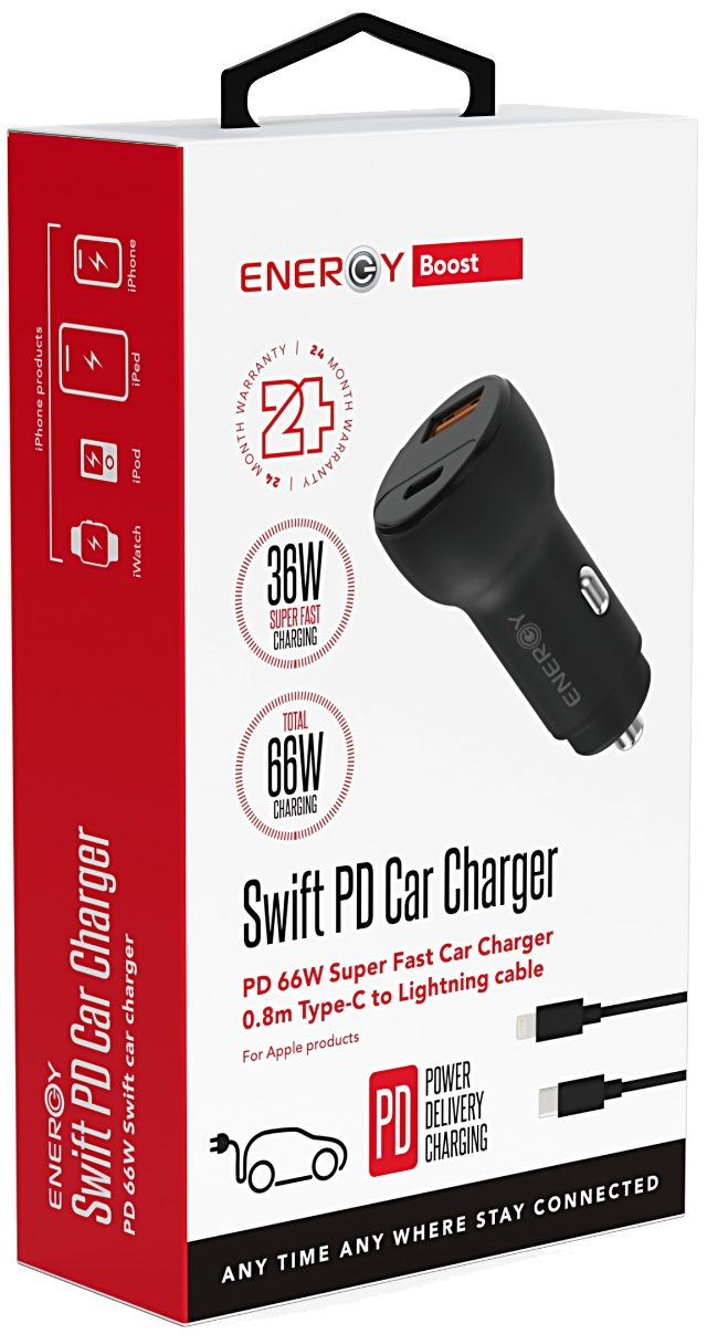 מטען לרכב Energy Swift PD 66W כולל כבל USB-C to Lightning באורך 0.8 מטר - צבע שחור שנתיים אחריות ע"י היבואן הרשמי