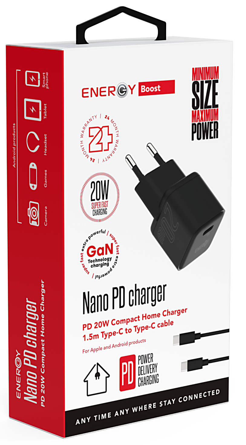 מטען Energy Nano PD20W כולל שקע USB-C - צבע שחור שנתיים אחריות ע"י היבואן הרשמי