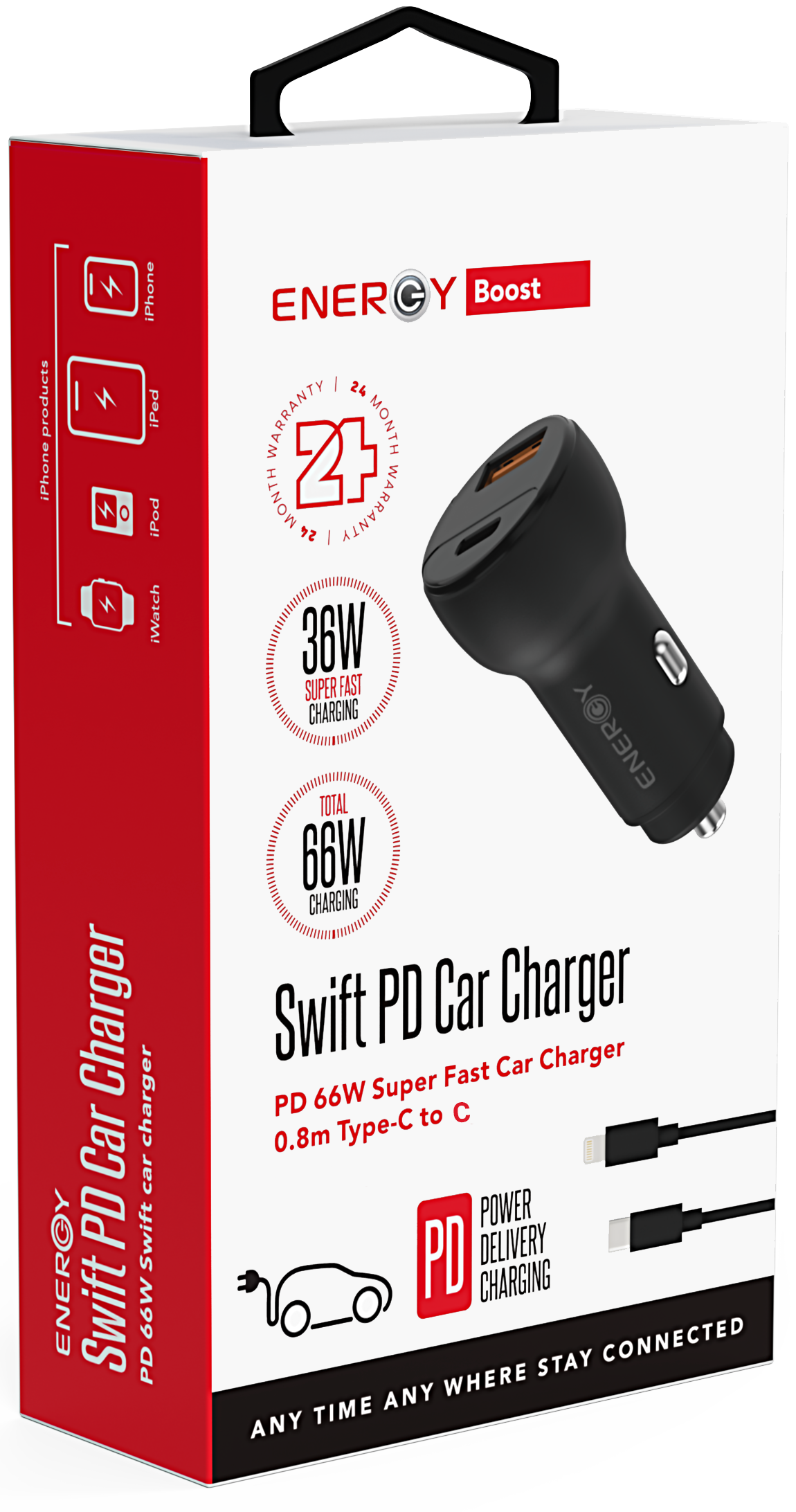 מטען לרכב Energy Swift PD 66W כולל כבל USB-C to USB-C באורך 0.8 מטר - צבע שחור שנתיים אחריות ע"י היבואן הרשמי