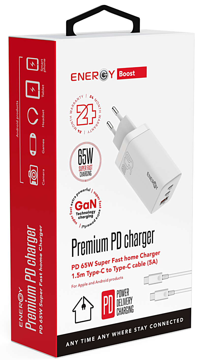 מטען Energy Premium PD 65W כולל כבל USB-C to USB-C באורך 1.5 מטר - צבע לבן שנתיים אחריות ע"י היבואן הרשמי