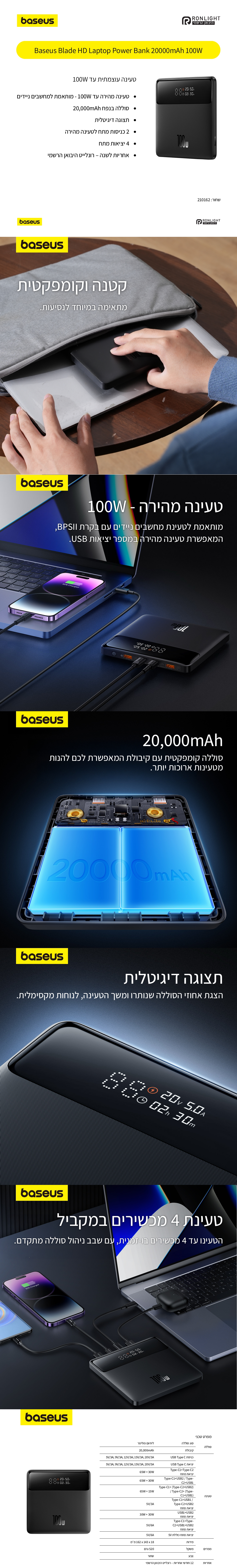 סוללת גיבוי למחשבים ניידים Baseus Blade HD 20000mAh 100W - צבע שחור שנה אחריות ע"י היבואן הרשמי
