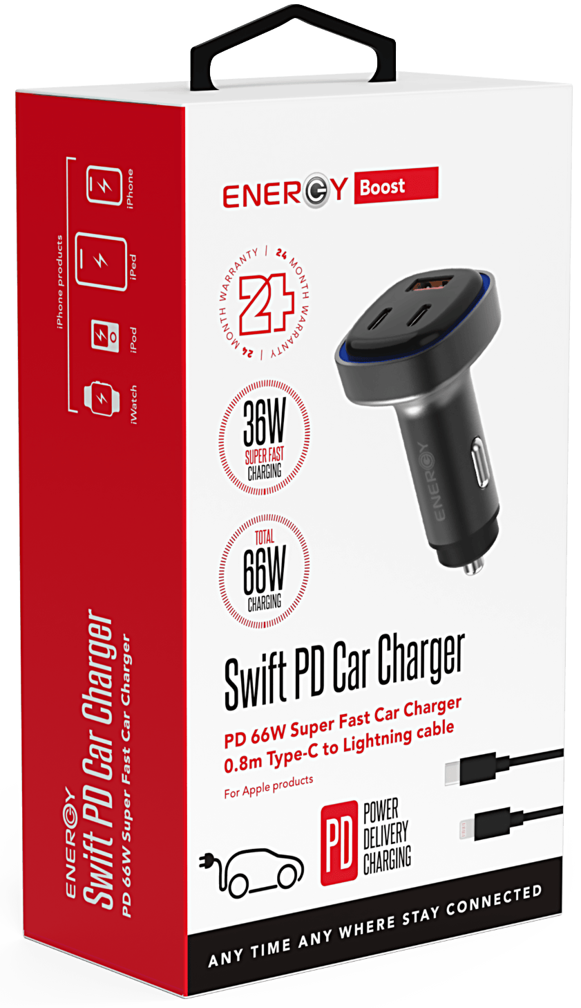 מטען לרכב Energy Swift PD 66W עם שתי יציאות USB-C ויציאת USB-A כולל כבל USB-C to Lightning - צבע שחור שנתיים אחריות ע"י היבואן הרשמי