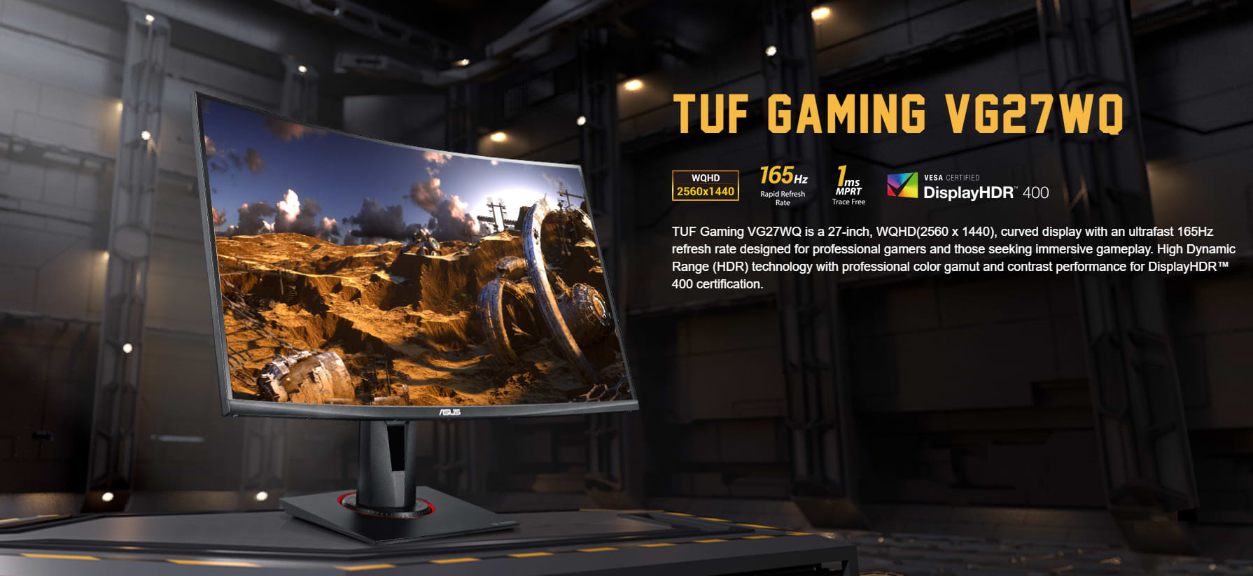 מסך מחשב גיימינג קעור 27'' Asus TUF Gaming VG27WQ FreeSync Premium VA WQHD 1ms 165Hz - צבע שחור שלוש שנות אחריות ע"י היבואן הרשמי