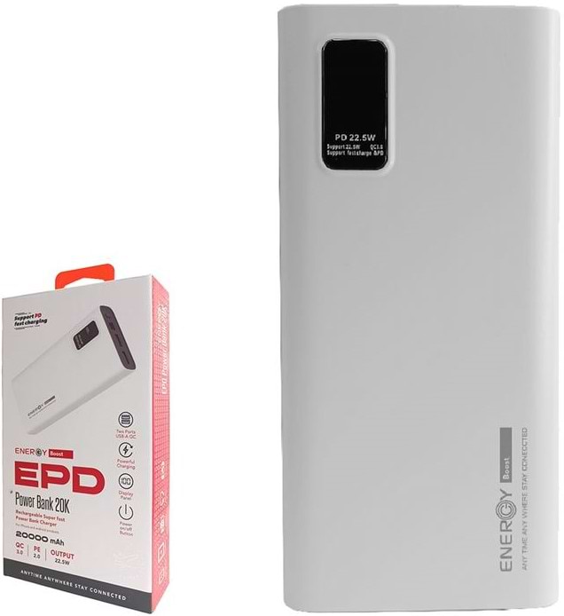 סוללת גיבוי ניידת עם צג דיגיטלי Energy EPD 22.5W 20000mAh - צבע לבן שנה אחריות ע"י היבואן הרשמי