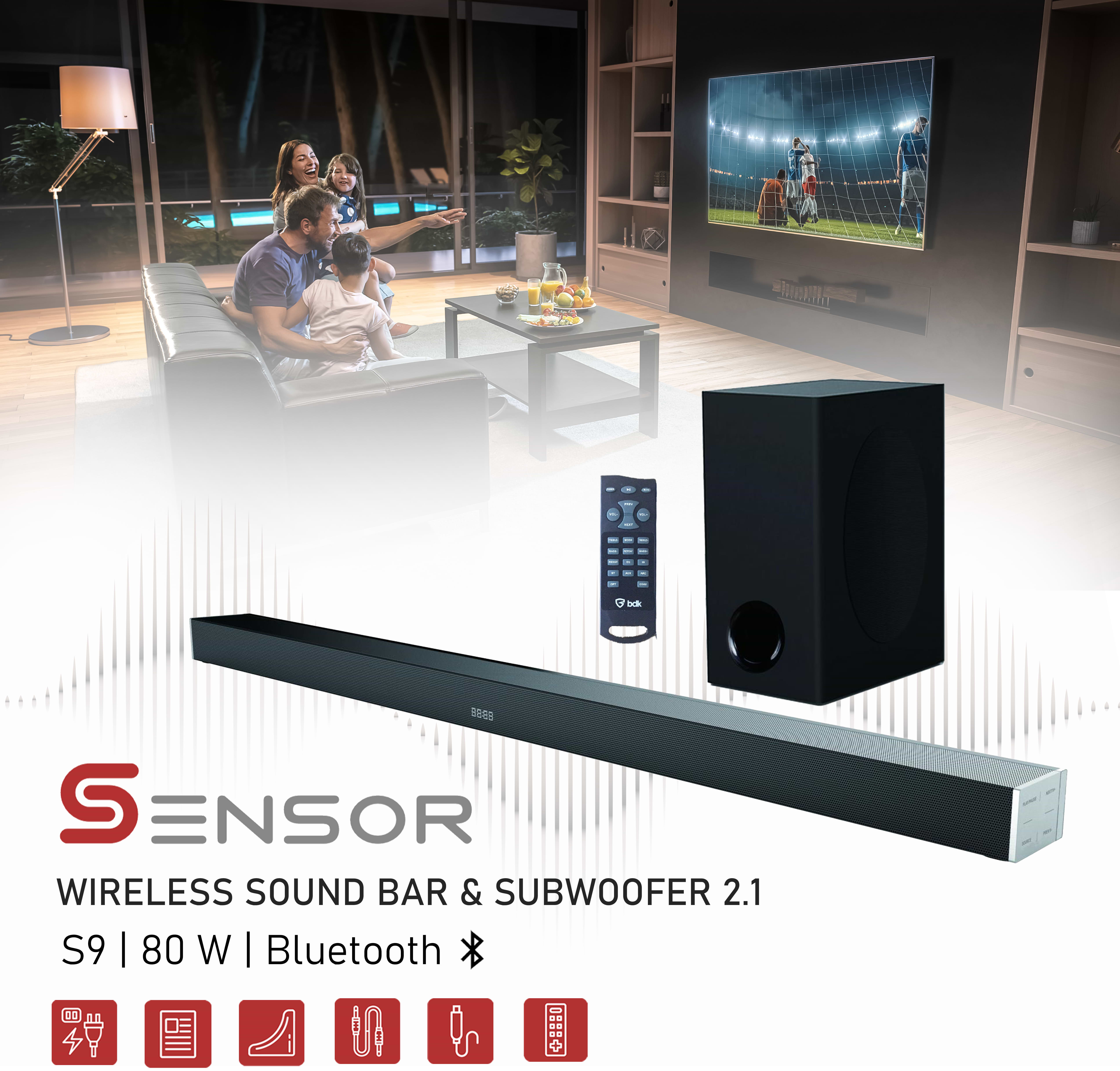 מקרן קול 2.1 ערוצים עם סאבוופר אלחוטי Sensor S9 80W - צבע שחור שנה אחריות ע"י היבואן הרשמי