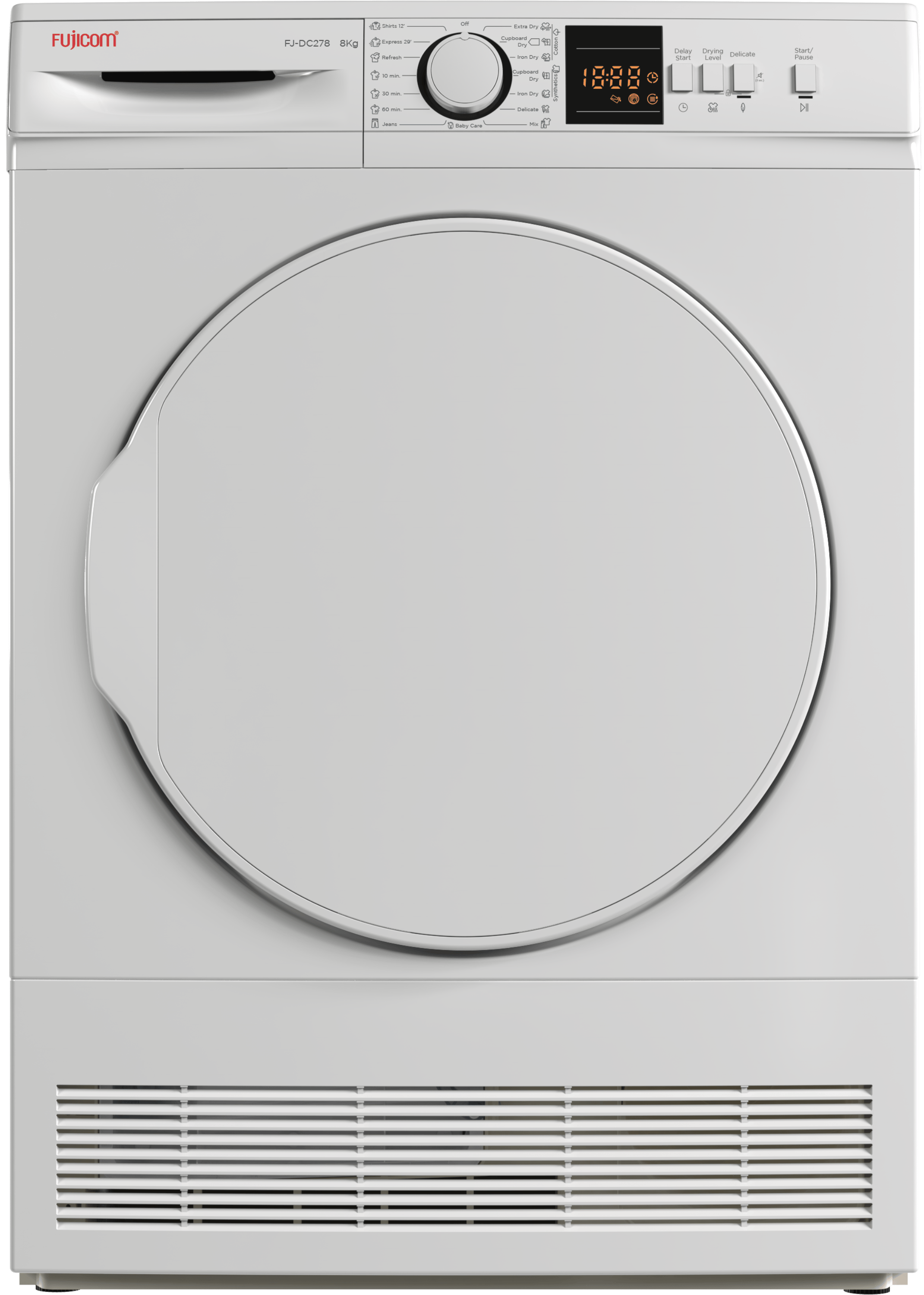 מייבש כביסה קונדנסור פתח חזית 8 ק"ג FUJICOM FJ DC278- גימור לבן אחריות ע"י היבואן הרשמי