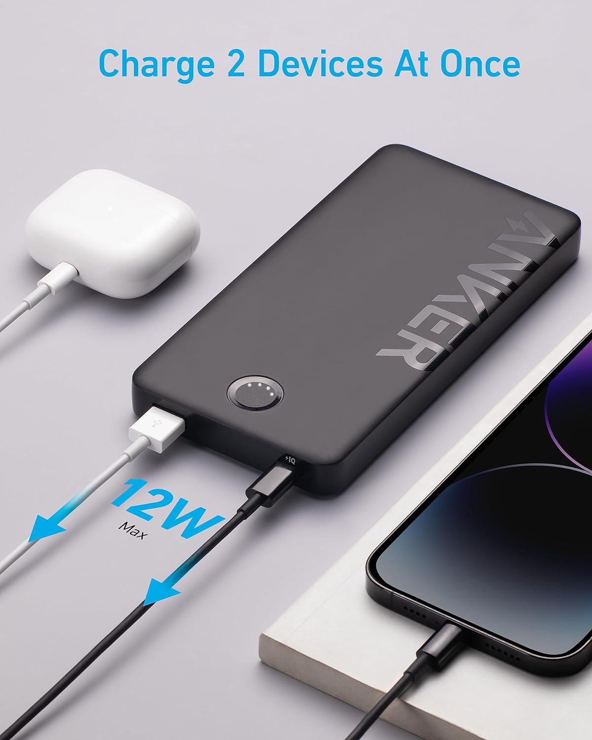 סוללת גיבוי Anker 323 Power Bank A1334 10,000mAh USB-C - צבע לבן 18 חודשים אחריות ע"י היבואן הרשמי