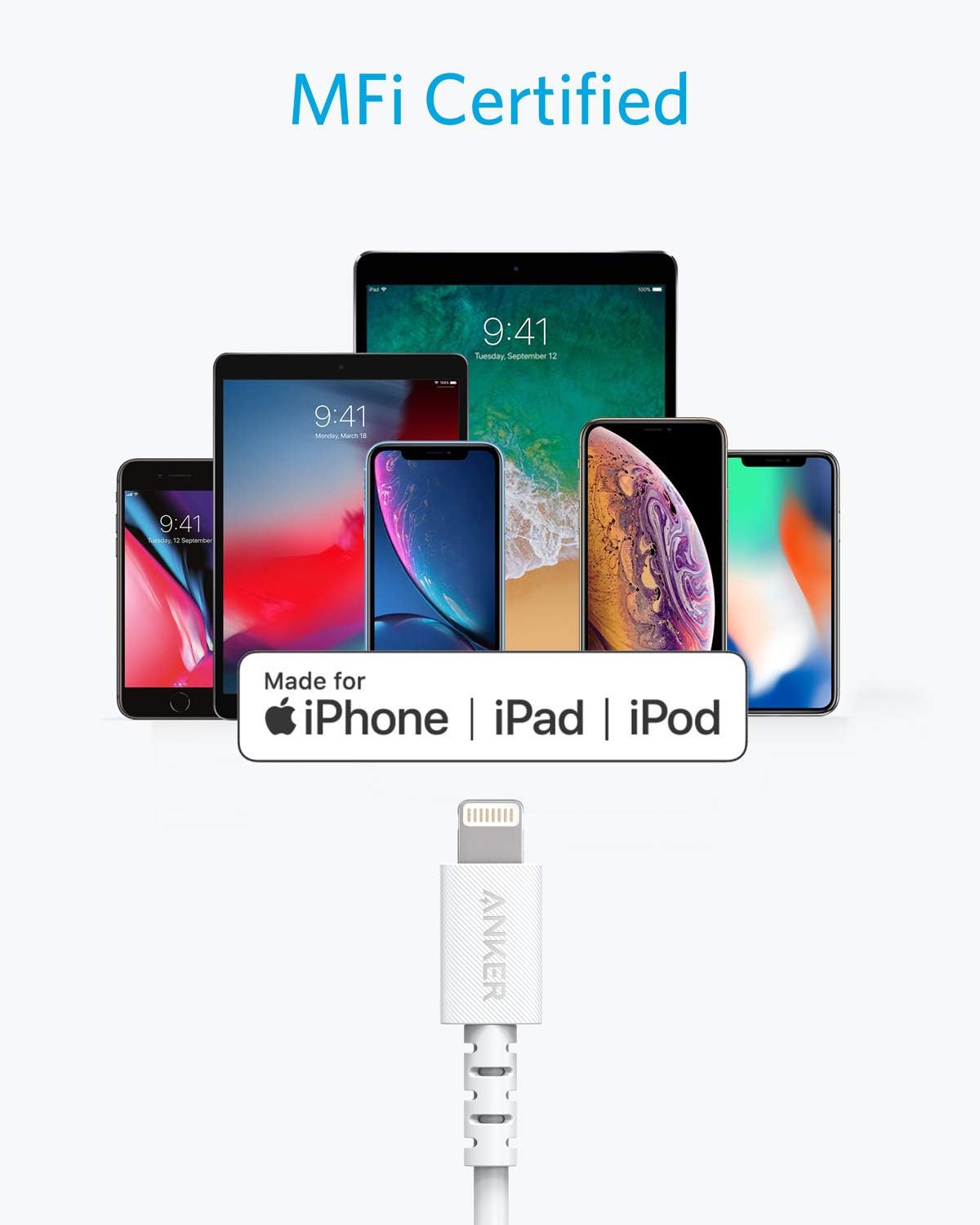 מטען וכבל לאייפון Anker 18W PD USB-C MFI Cable - צבע לבן אחריות ע"י היבואן הרשמי