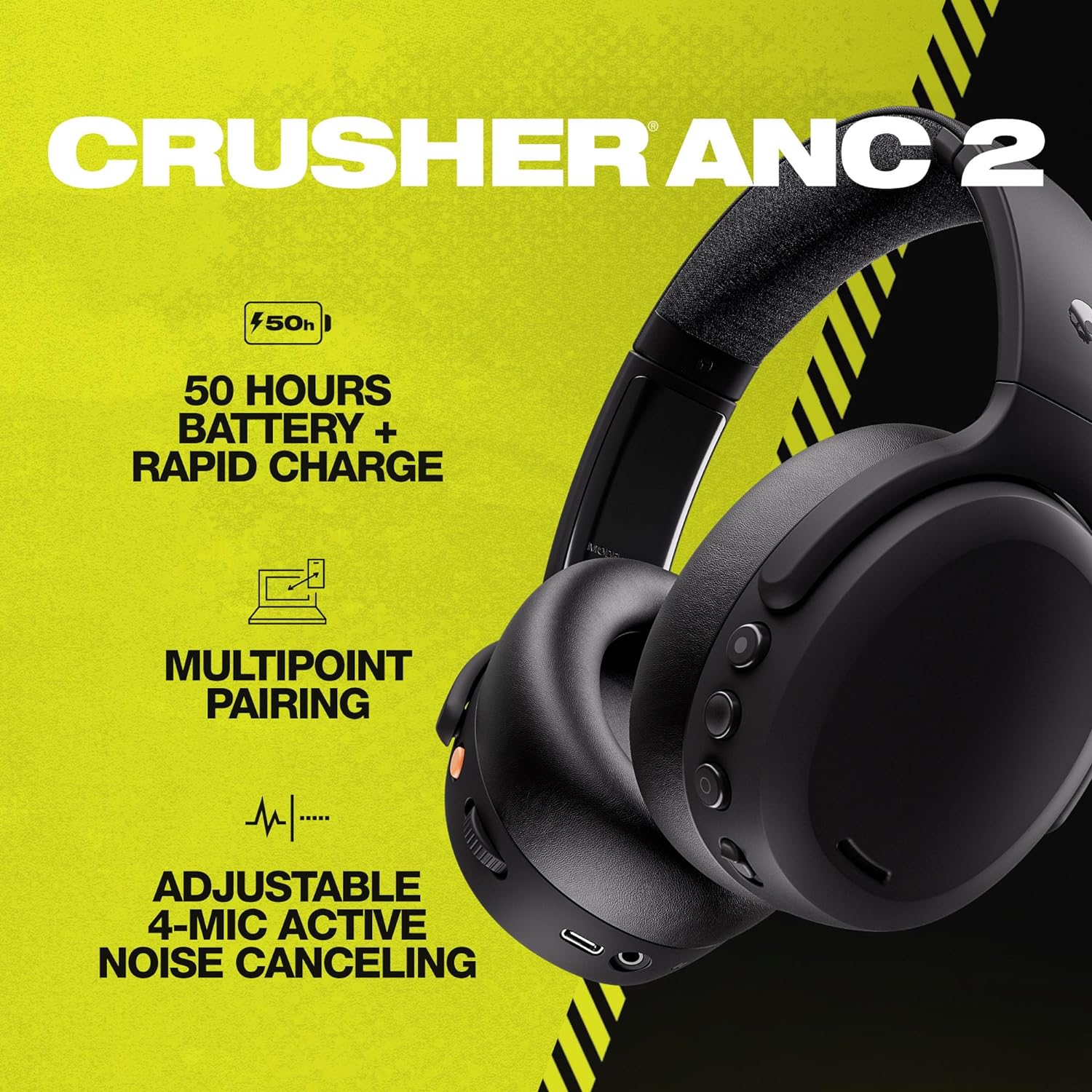 אוזניות אלחוטיות SkullCandy Crusher ANC 2 TWS Over-Ear - צבע שחור שנה אחריות ע"י היבואן רשמי